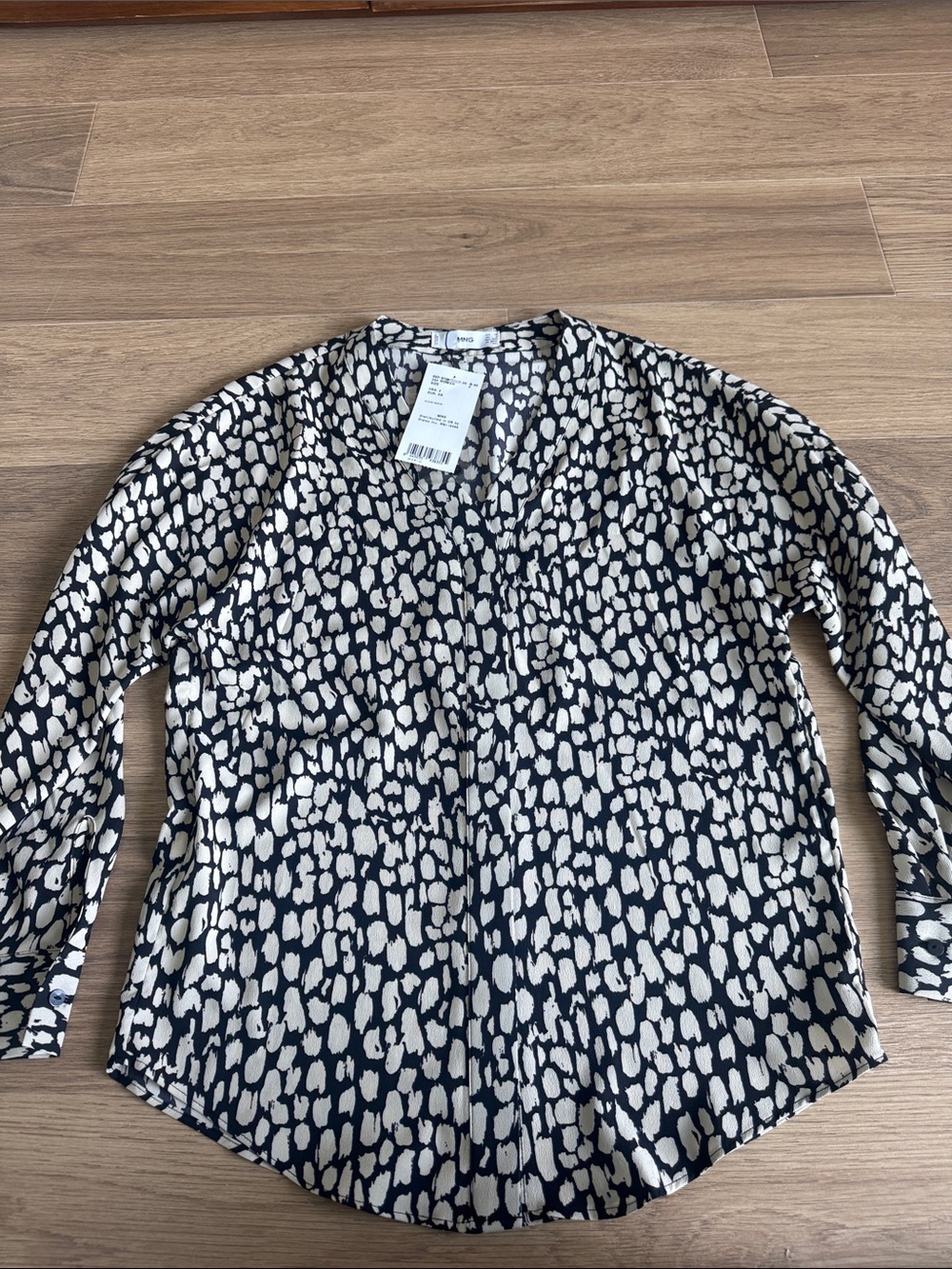 Mango Black and Ivory Abstract Spot V-Neck Long Sleeve Top